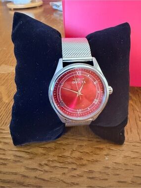 Invicta Women's Silver Mesh Watch with Red Sunray Dial